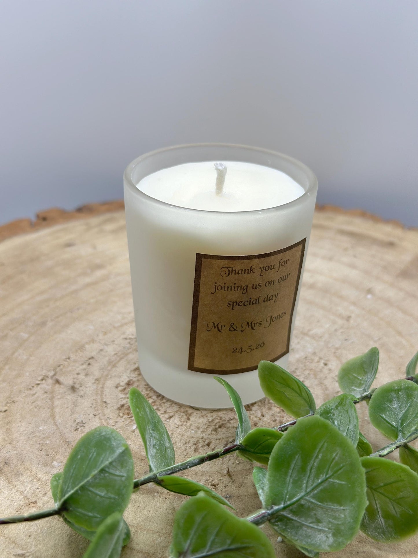 Personalized Wedding Favor Candle: Frosted Mini Jar, Olive Wax, Custom Label
