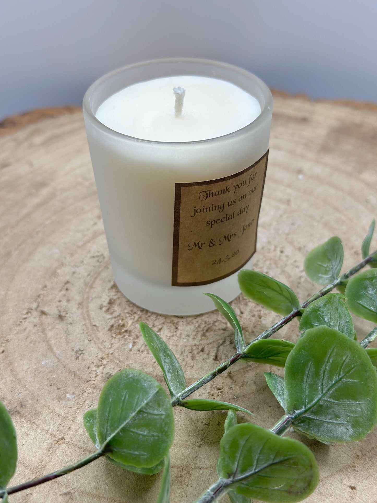 Personalized Wedding Favor Candle: Frosted Mini Jar, Olive Wax, Custom Label