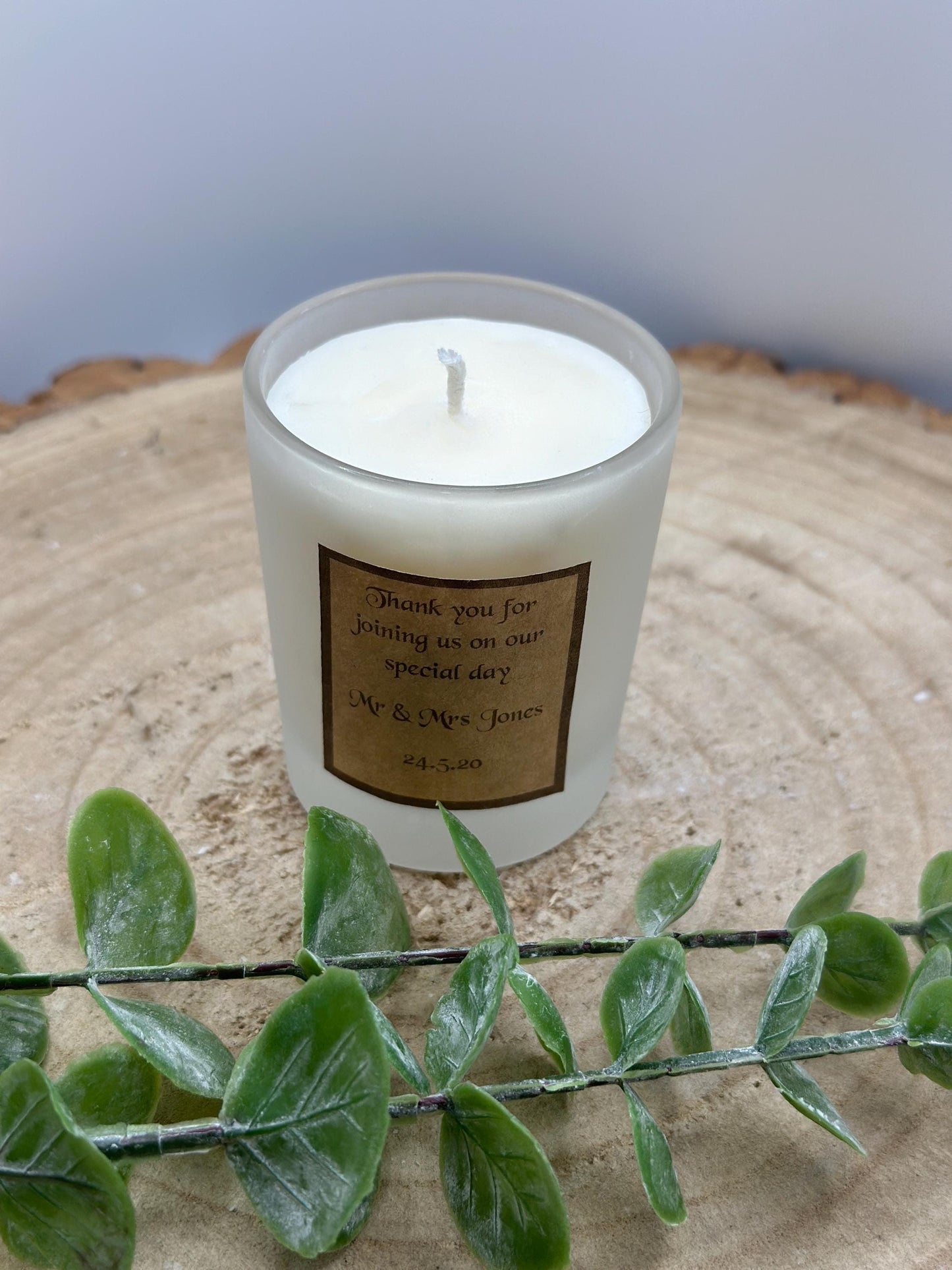 Personalized Wedding Favor Candle: Frosted Mini Jar, Olive Wax, Custom Label