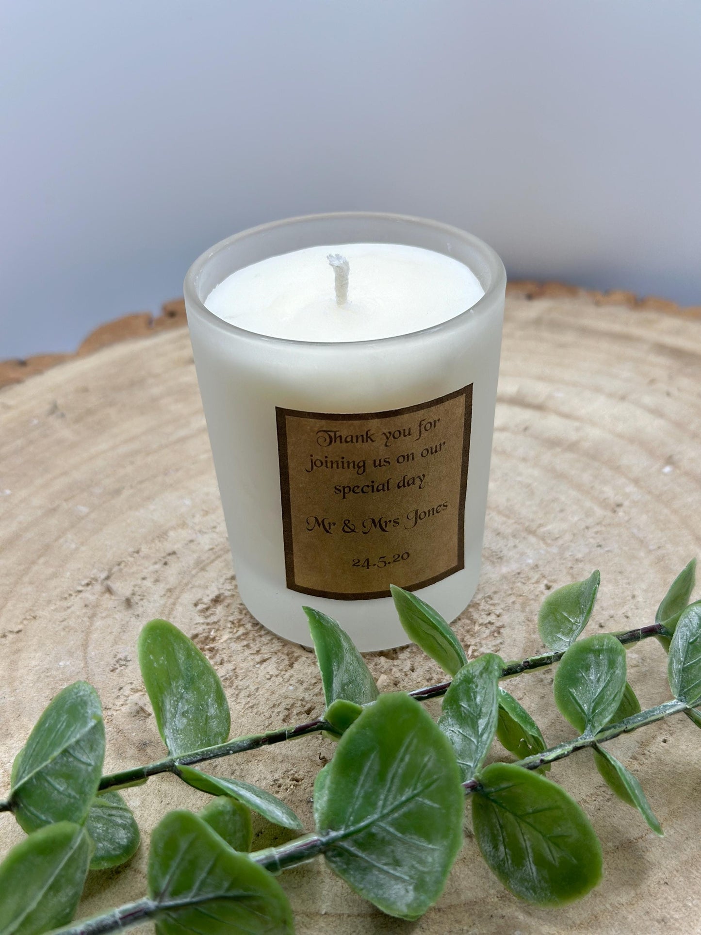 Personalized Wedding Favor Candle: Frosted Mini Jar, Olive Wax, Custom Label