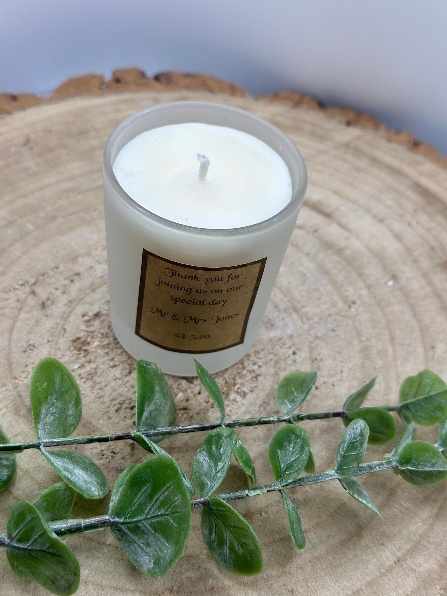 Personalized Wedding Favor Candle: Frosted Mini Jar, Olive Wax, Custom Label