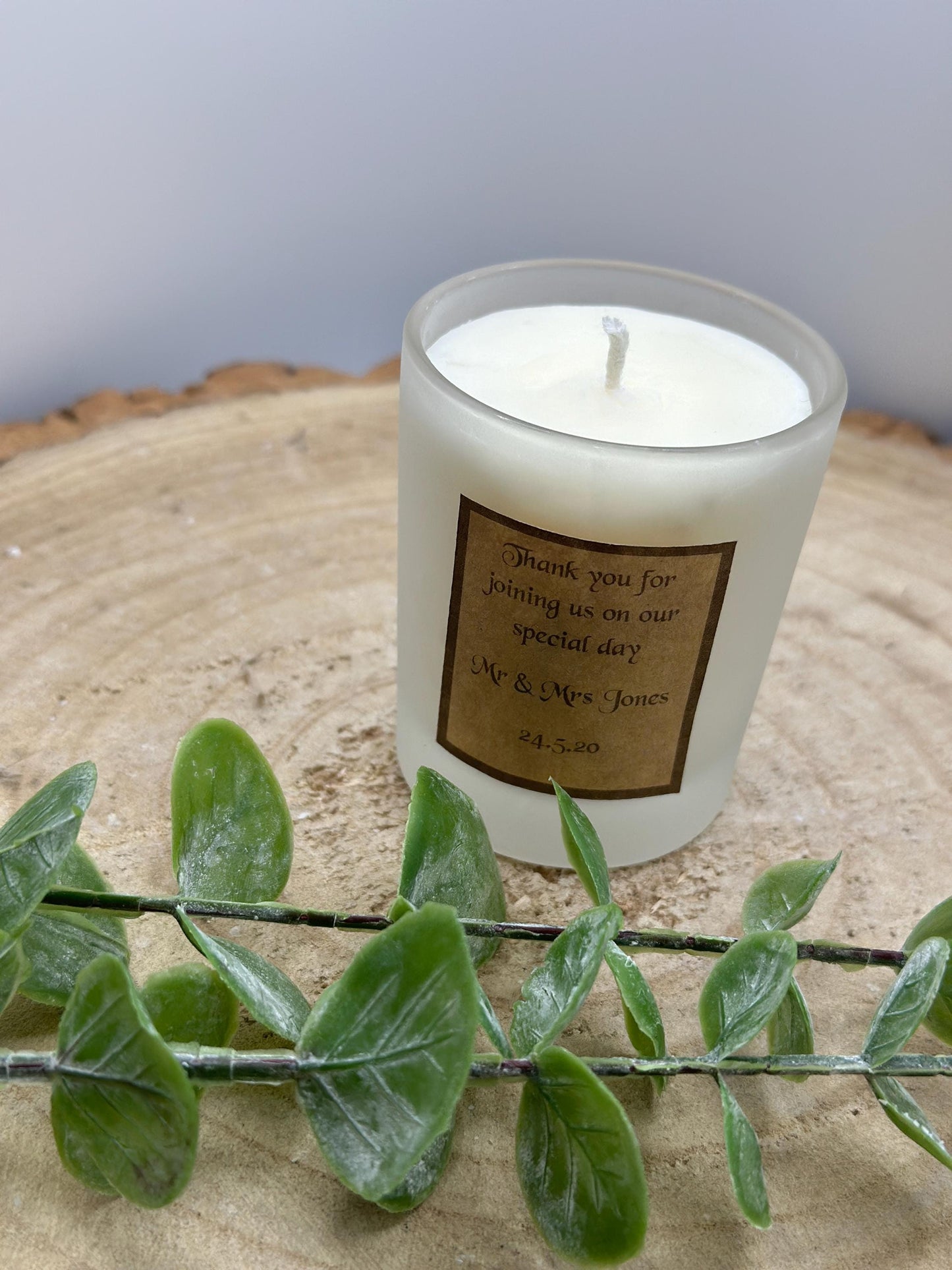 Personalized Wedding Favor Candle: Frosted Mini Jar, Olive Wax, Custom Label