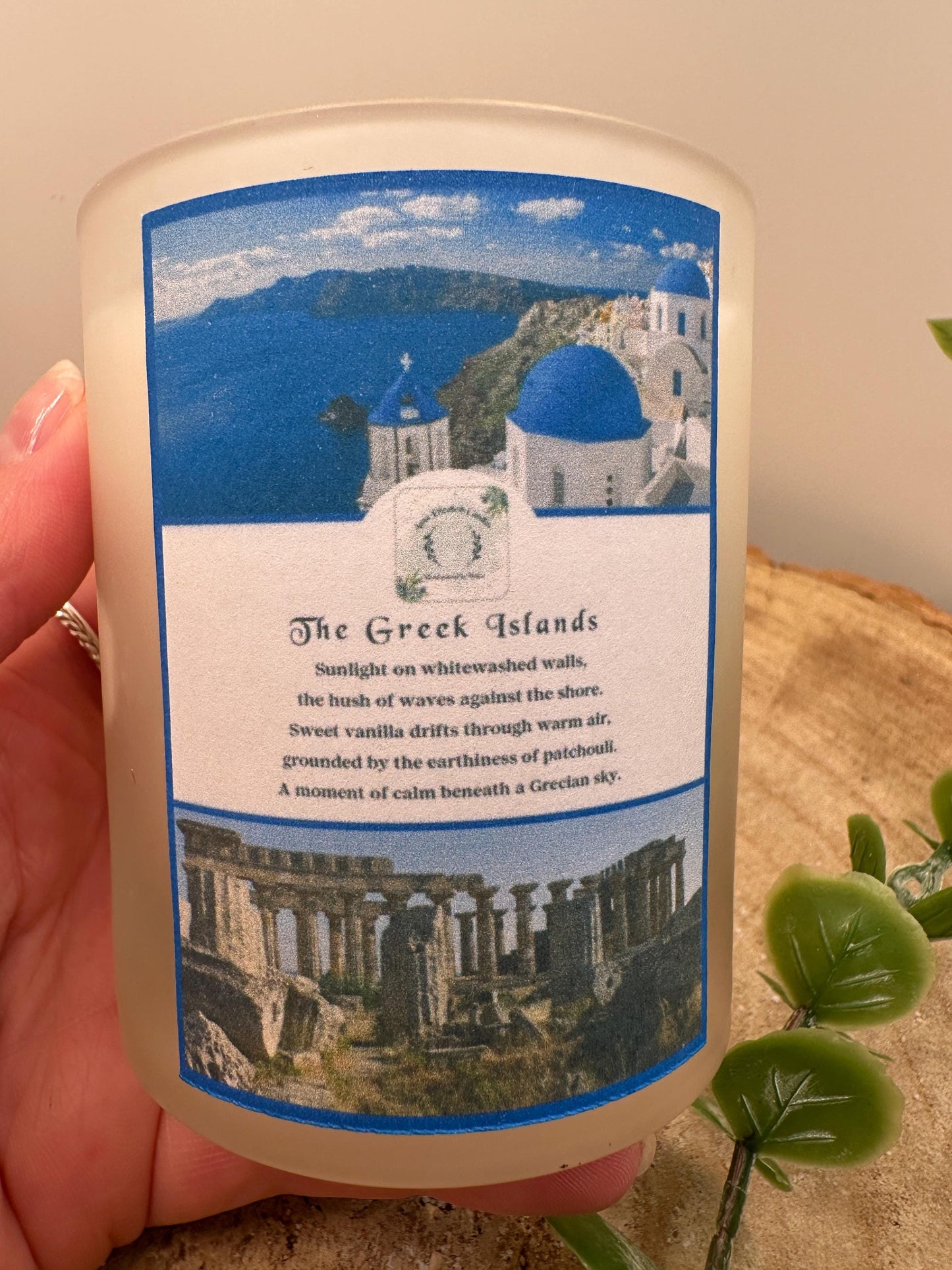 Greek Islands Travel Candle, Vanilla & Patchouli Scented Candle, Hand Poured Olive Wax Candle, Holiday Inspired Refillable Candle Gift
