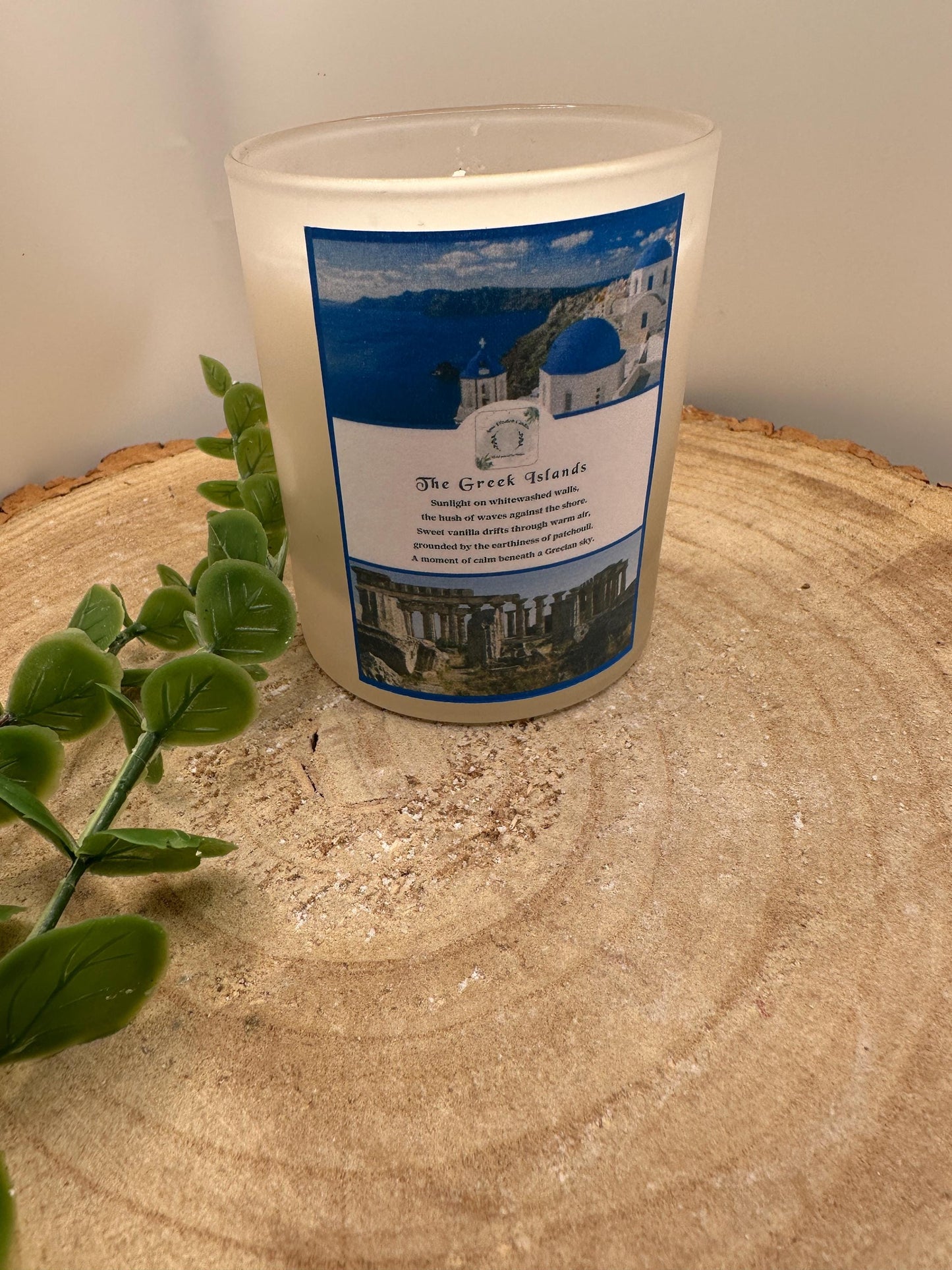 Greek Islands Travel Candle, Vanilla & Patchouli Scented Candle, Hand Poured Olive Wax Candle, Holiday Inspired Refillable Candle Gift