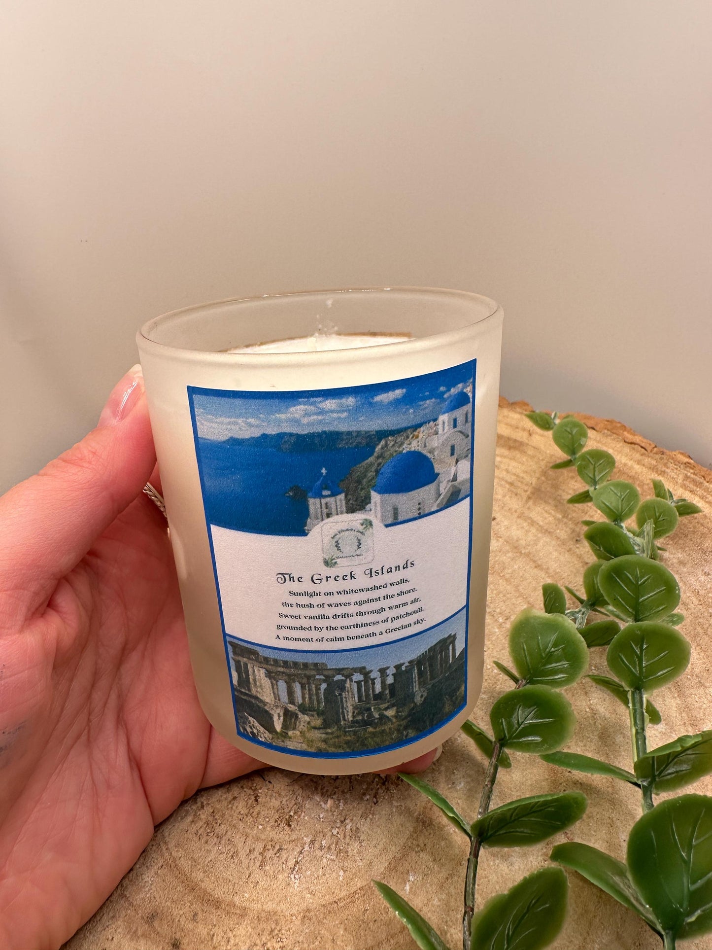 Greek Islands Travel Candle, Vanilla & Patchouli Scented Candle, Hand Poured Olive Wax Candle, Holiday Inspired Refillable Candle Gift