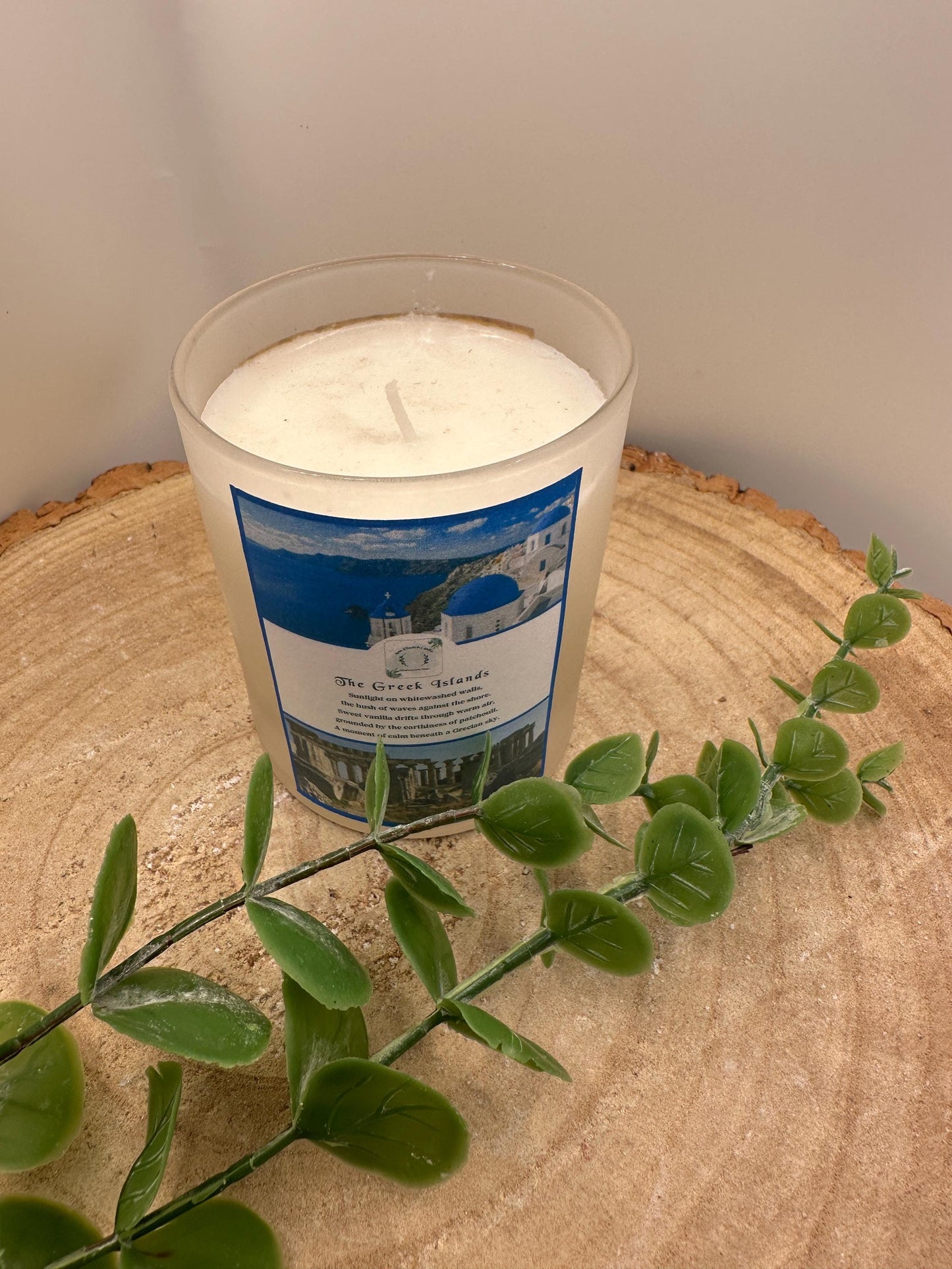 Greek Islands Travel Candle, Vanilla & Patchouli Scented Candle, Hand Poured Olive Wax Candle, Holiday Inspired Refillable Candle Gift