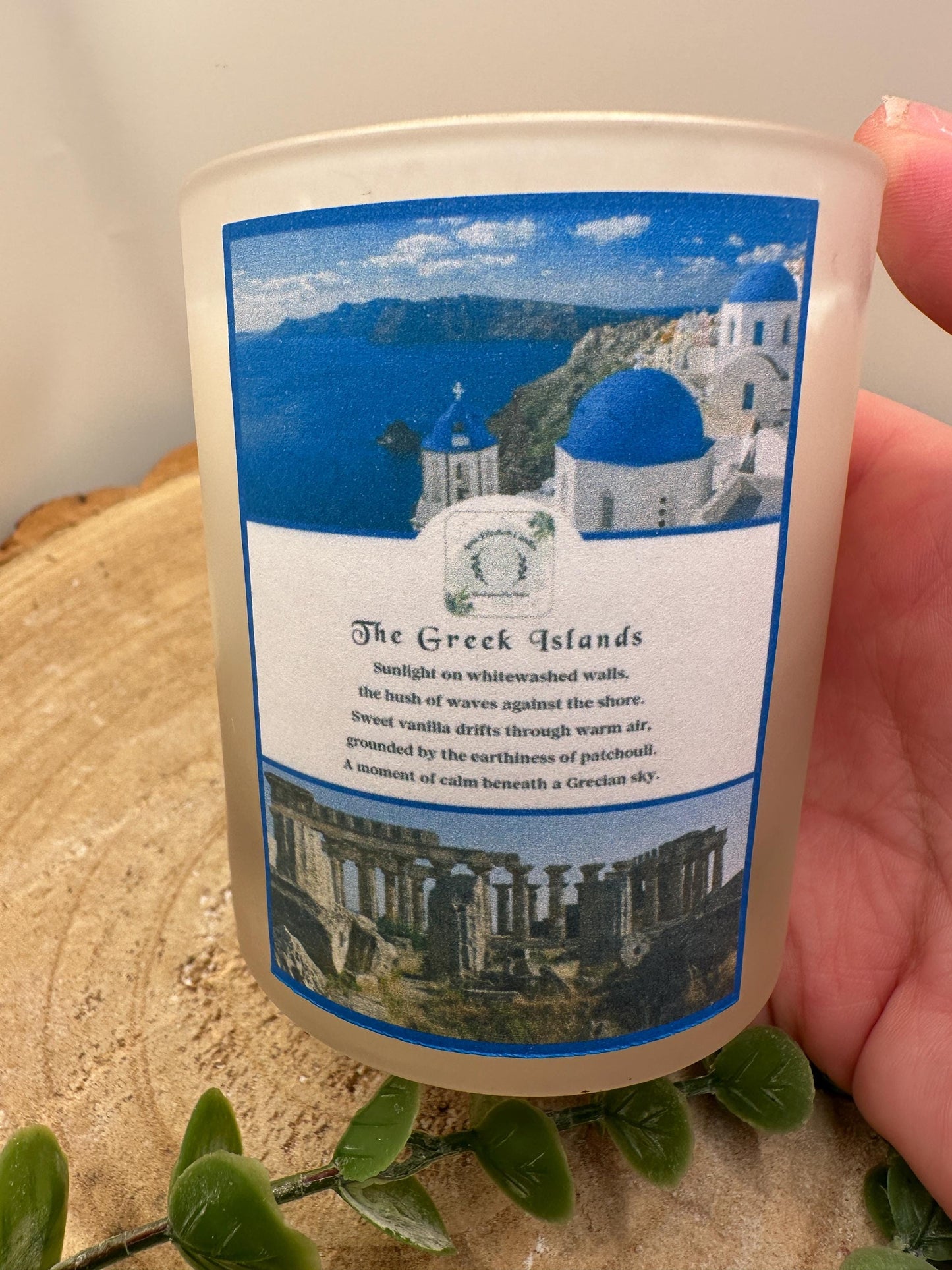 Greek Islands Travel Candle, Vanilla & Patchouli Scented Candle, Hand Poured Olive Wax Candle, Holiday Inspired Refillable Candle Gift