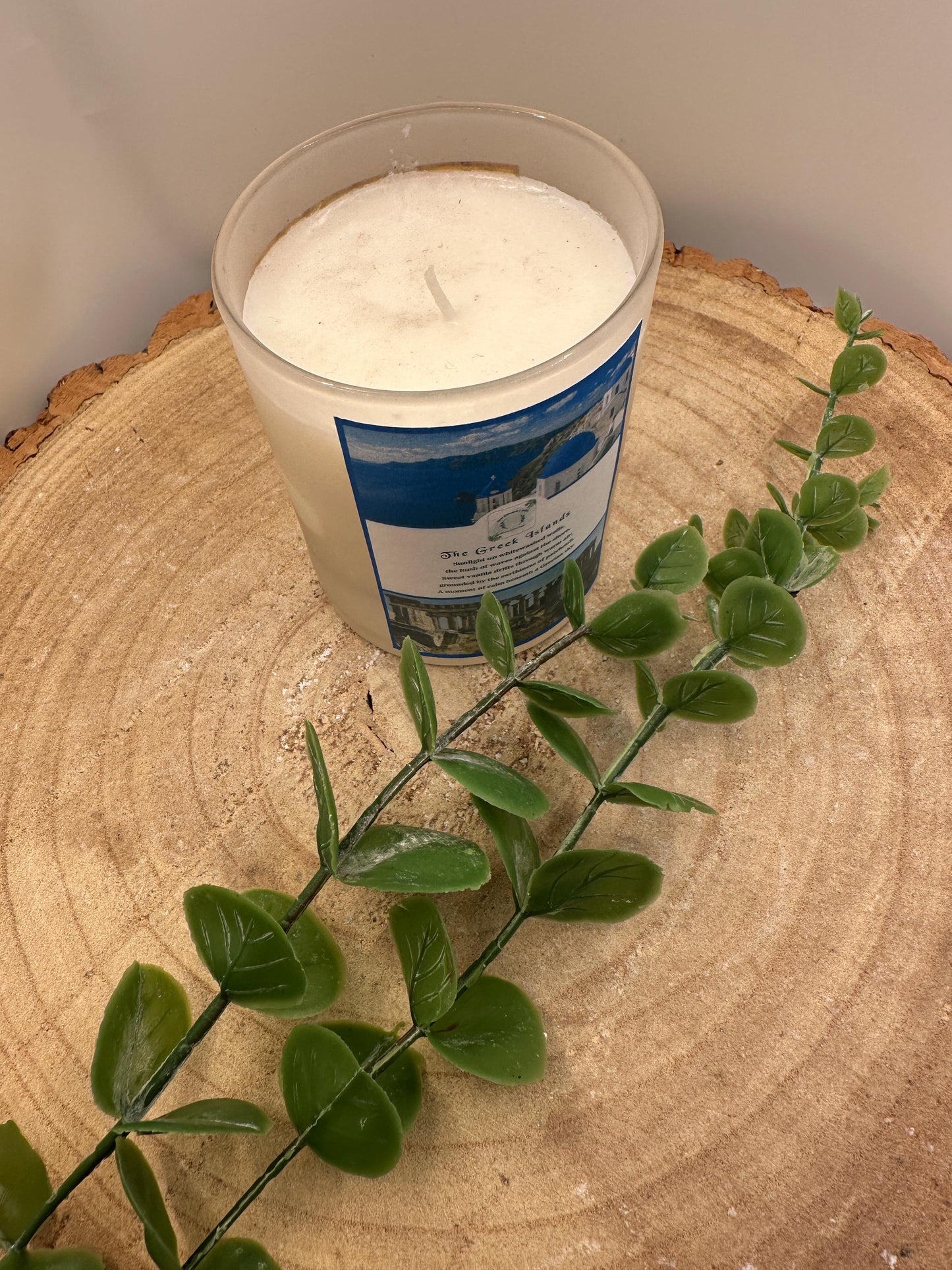 Greek Islands Travel Candle, Vanilla & Patchouli Scented Candle, Hand Poured Olive Wax Candle, Holiday Inspired Refillable Candle Gift
