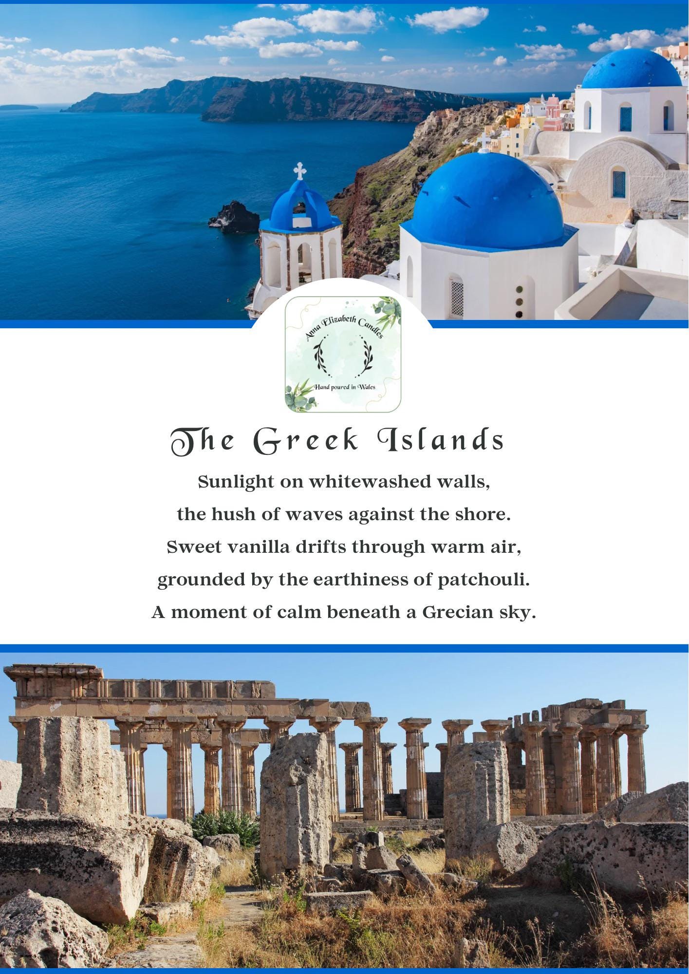 Greek Islands Travel Candle, Vanilla & Patchouli Scented Candle, Hand Poured Olive Wax Candle, Holiday Inspired Refillable Candle Gift