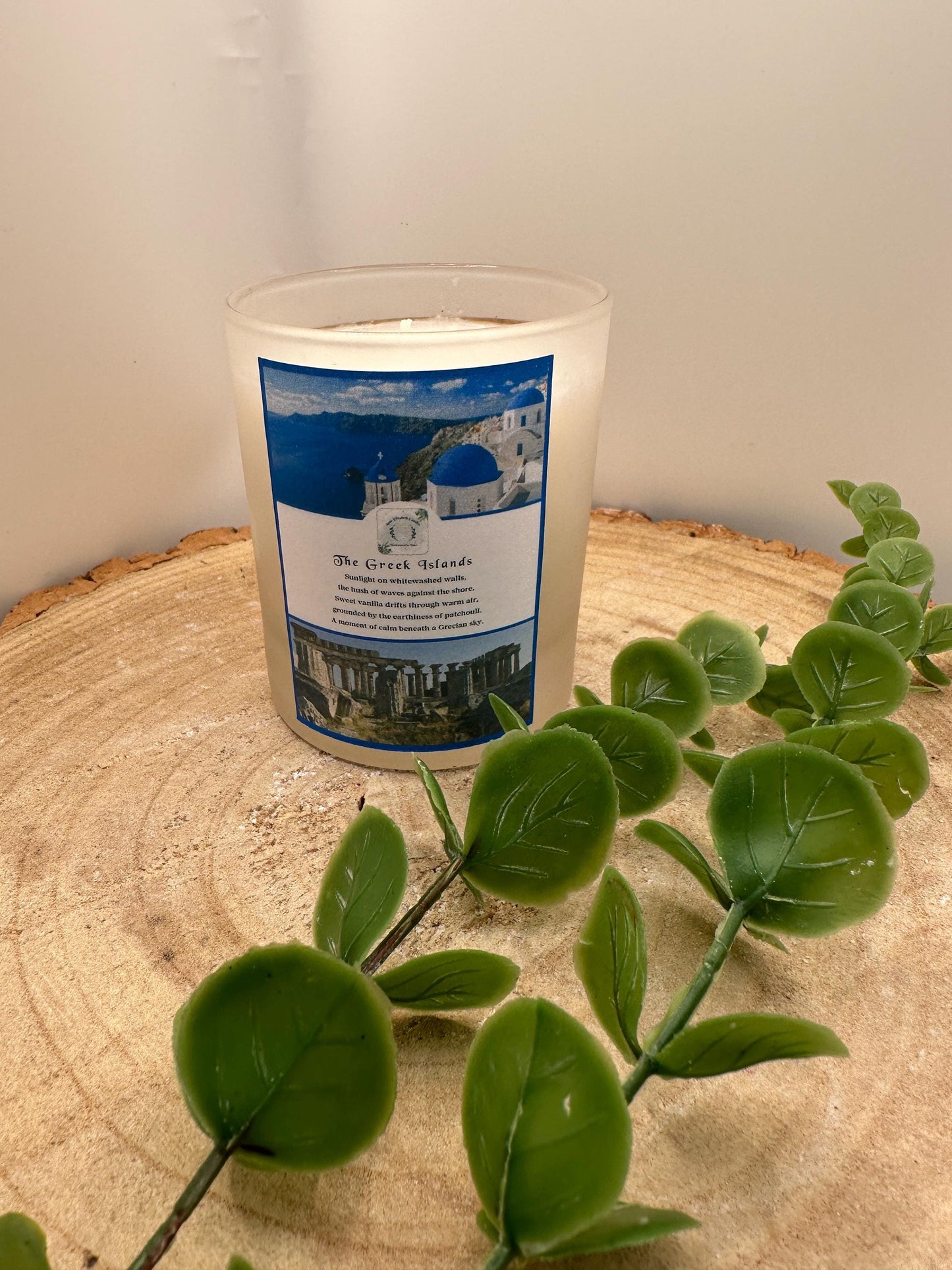 Greek Islands Travel Candle, Vanilla & Patchouli Scented Candle, Hand Poured Olive Wax Candle, Holiday Inspired Refillable Candle Gift