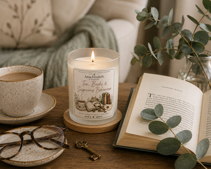 Cosy Mystery Candle, Tea Books & Suspicious Behaviour, Book Lover Gift, Murder Mystery Reader Gift, Bookish Candle, Reading Gift