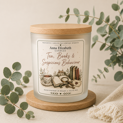 Cosy Mystery Candle, Tea Books & Suspicious Behaviour, Book Lover Gift, Murder Mystery Reader Gift, Bookish Candle, Reading Gift