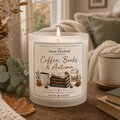 Autumn Candle Gift for Book Lover, Coffee Lover Gift, Cosy Fall Candle, Bookish Gift, Autumn Birthday Gift, Reading Candle
