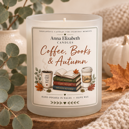 Autumn Candle Gift for Book Lover, Coffee Lover Gift, Cosy Fall Candle, Bookish Gift, Autumn Birthday Gift, Reading Candle