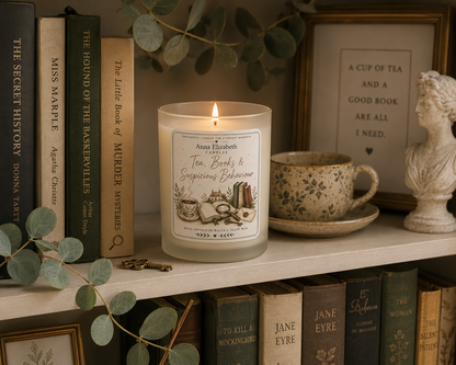 Cosy Mystery Candle, Tea Books & Suspicious Behaviour, Book Lover Gift, Murder Mystery Reader Gift, Bookish Candle, Reading Gift