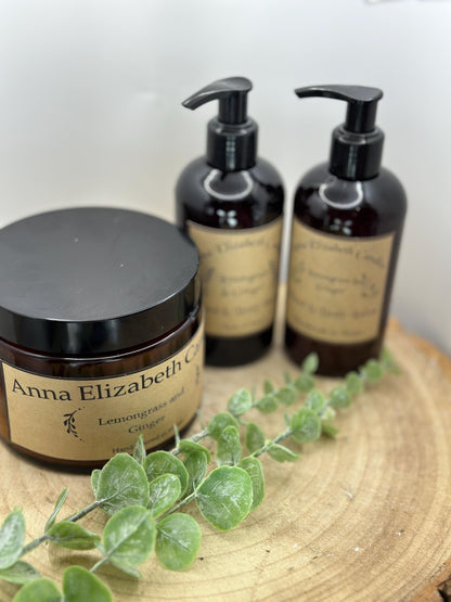 Lemongrass & Ginger Spa Gift Set, Amber candle 100-hour burn, Hand and Body Wash, Lotion, Luxurious Self Care Kit, Perfect Birthday Gift,