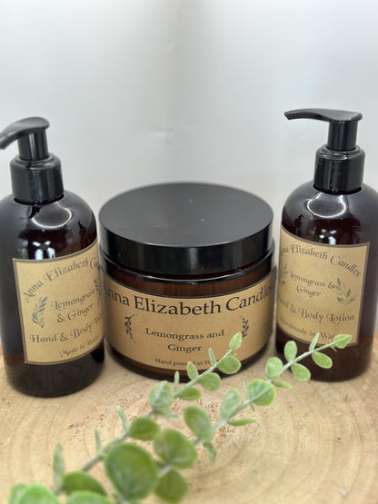 Lemongrass & Ginger Spa Gift Set, Amber candle 100-hour burn, Hand and Body Wash, Lotion, Luxurious Self Care Kit, Perfect Birthday Gift,