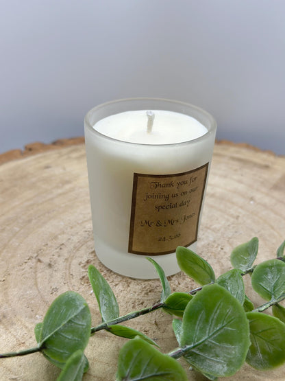 Personalized Wedding Favor Candle: Frosted Mini Jar, Olive Wax, Custom Label