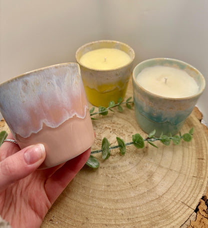 A Little Pot of Energy, Candle Gift Set, Essential Oil Candles in Espresso and Coffee Cups, Olive Wax, Uplifting and Refillable Candles