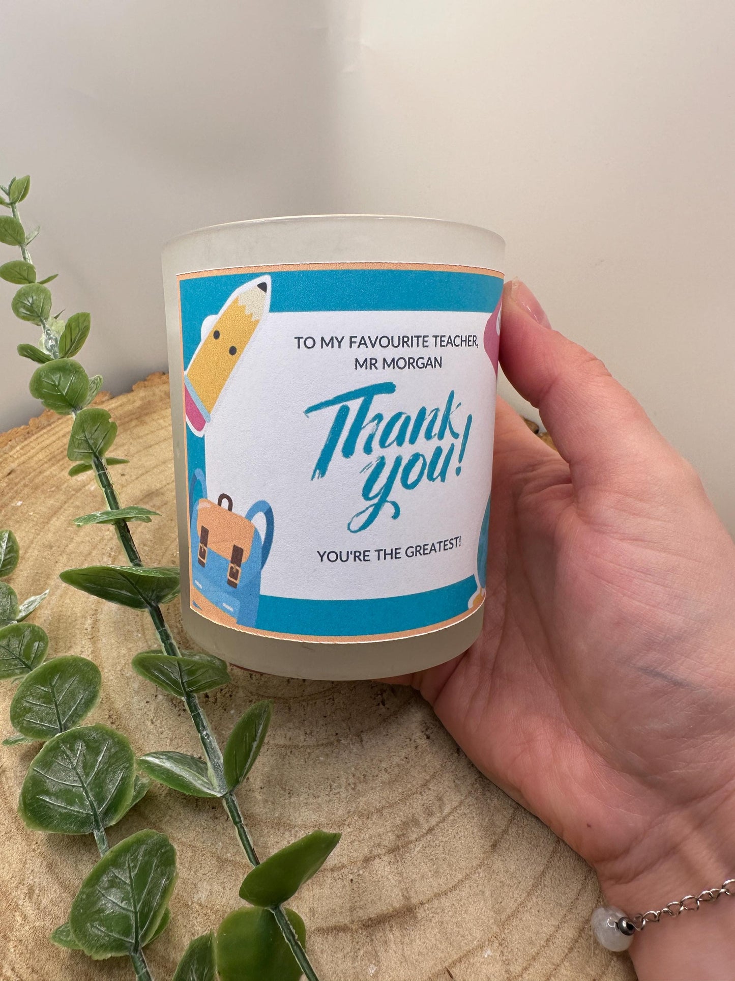 Personalised Thank You Teacher Candle, End of Term Gift, Frosted Natural Candle, Custom Label, Gift Wrapped, Teacher Present