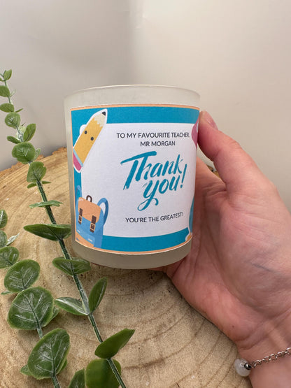 Personalised Thank You Teacher Candle, End of Term Gift, Frosted Natural Candle, Custom Label, Gift Wrapped, Teacher Present