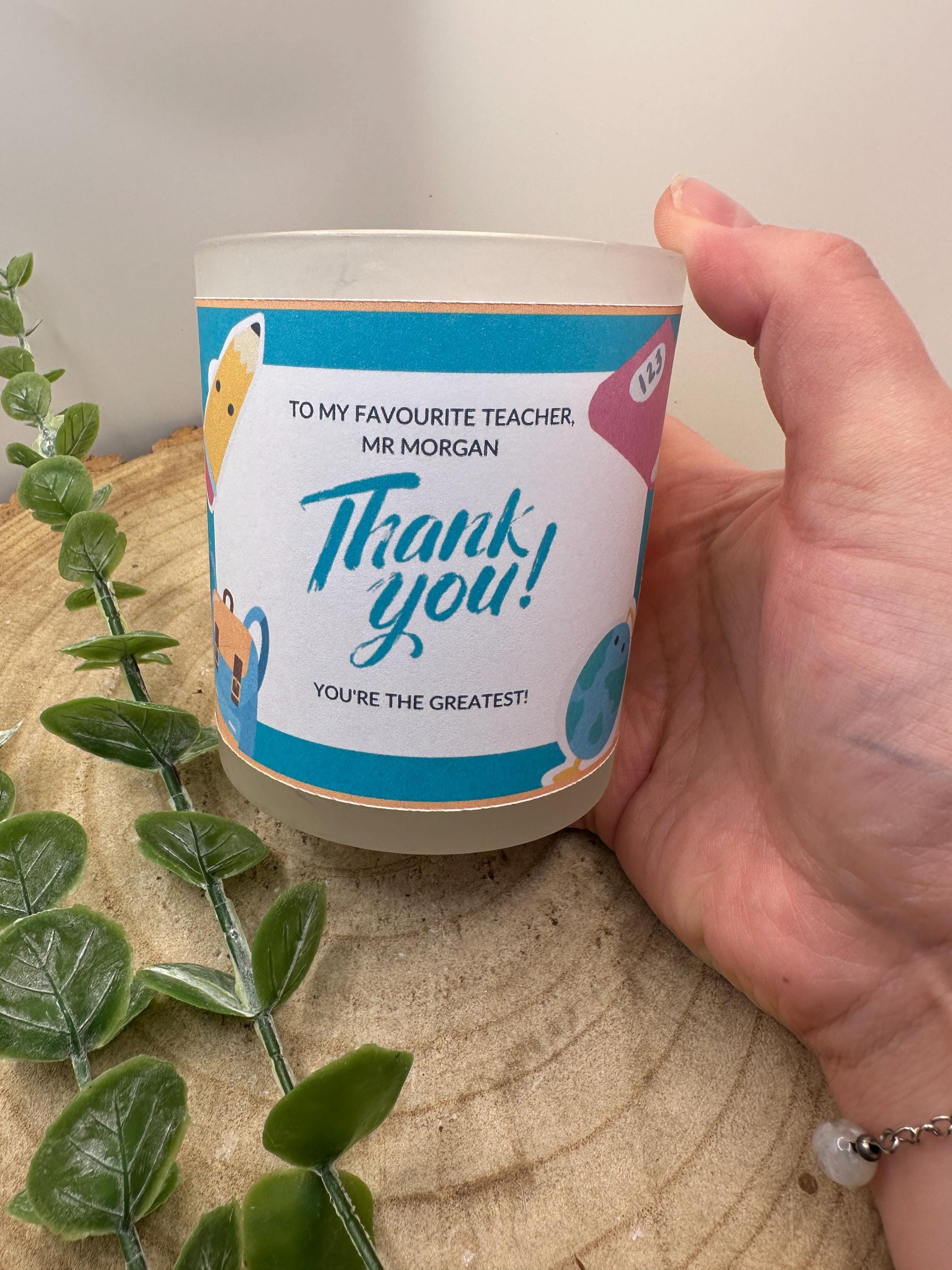 Personalised Thank You Teacher Candle, End of Term Gift, Frosted Natural Candle, Custom Label, Gift Wrapped, Teacher Present