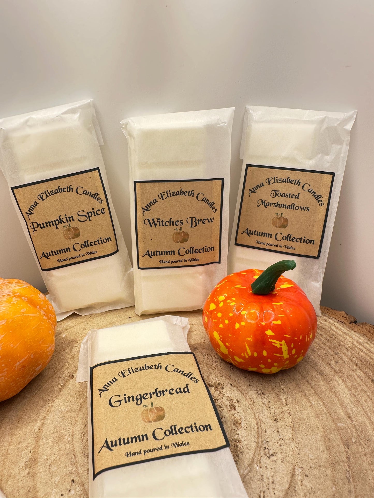 Autumn Wax Melt Collection, Set of 4 Wax Melt Snapbars, Pumpkin Spice, Toasted Marshmallow, Gingerbread & Pumpkin Spice Scents. Autumn Scent