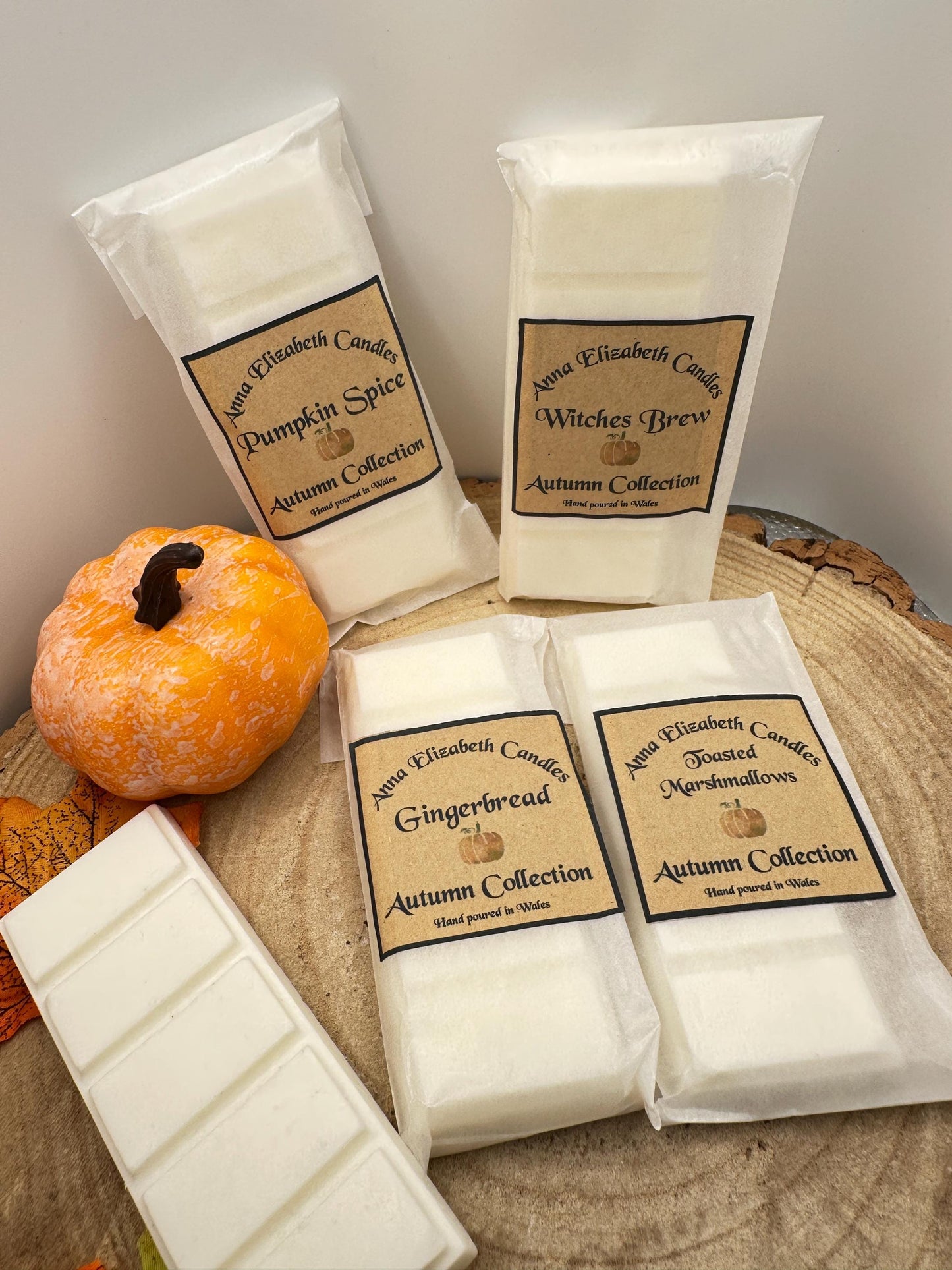 Autumn Wax Melt Collection, Set of 4 Wax Melt Snapbars, Pumpkin Spice, Toasted Marshmallow, Gingerbread & Pumpkin Spice Scents. Autumn Scent