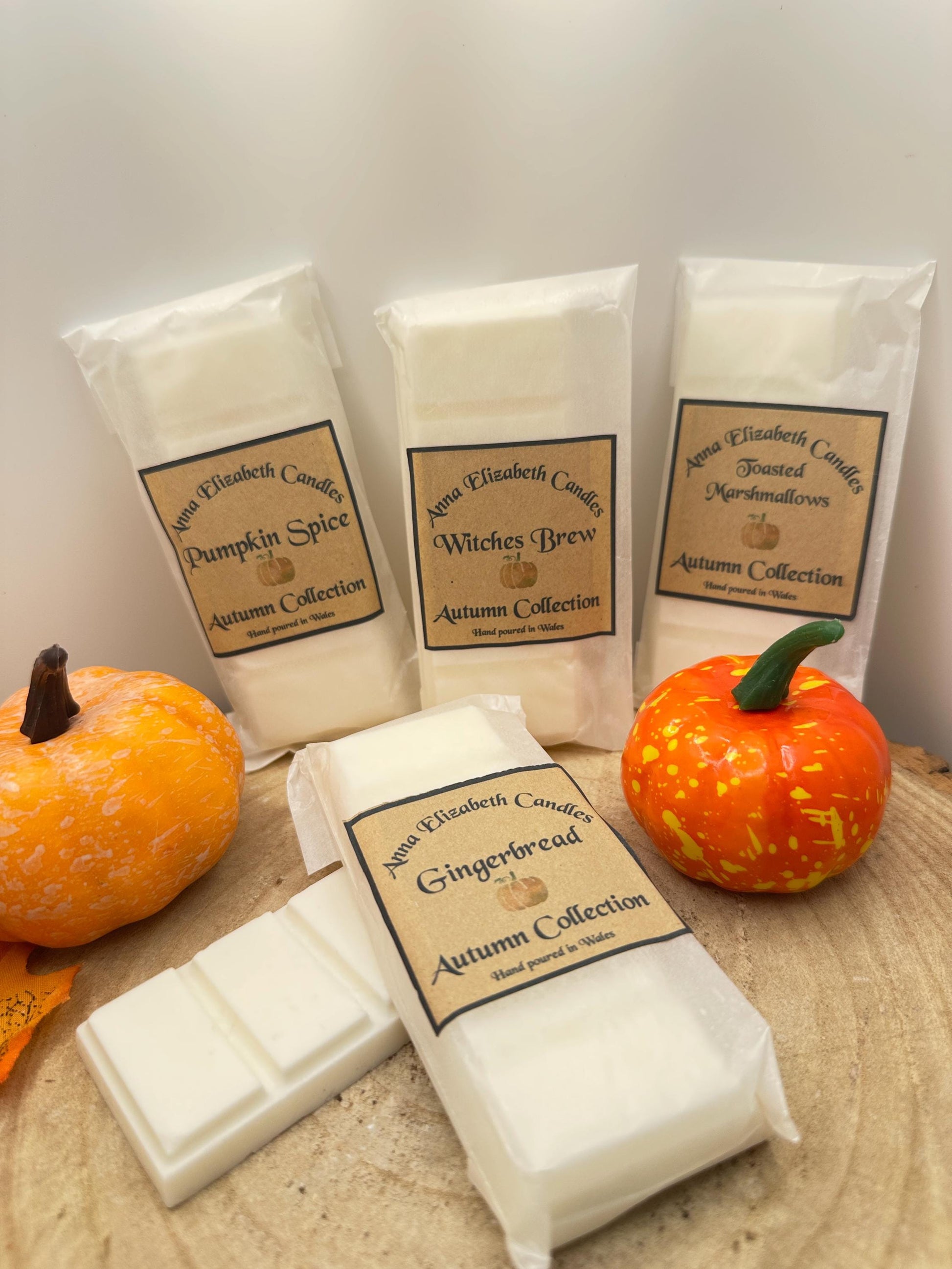 Autumn Wax Melt Collection, Set of 4 Wax Melt Snapbars, Pumpkin Spice, Toasted Marshmallow, Gingerbread & Pumpkin Spice Scents. Autumn Scent
