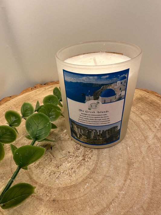 Greek Islands Travel Candle, Vanilla & Patchouli Scented Candle, Hand Poured Olive Wax Candle, Holiday Inspired Refillable Candle Gift