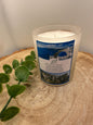Greek Islands Travel Candle, Vanilla & Patchouli Scented Candle, Hand Poured Olive Wax Candle, Holiday Inspired Refillable Candle Gift