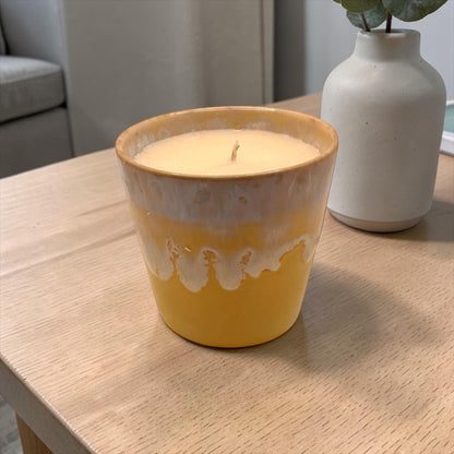 Mini Coffee Cup Candle, Yellow Ceramic Espresso Candle, Olive Wax Candle, Bright Home Decor, Reusable Candle