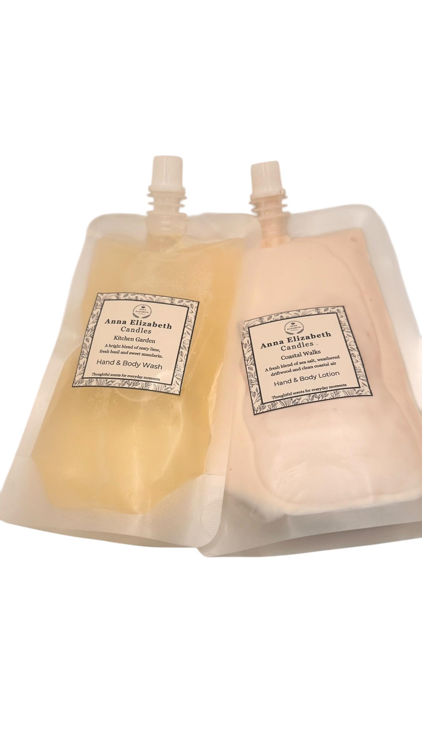 Refill Wash & Lotion Set 250ml, Eco Refill Pouch Bundle, Sustainable Skincare, Bathroom Refill Set