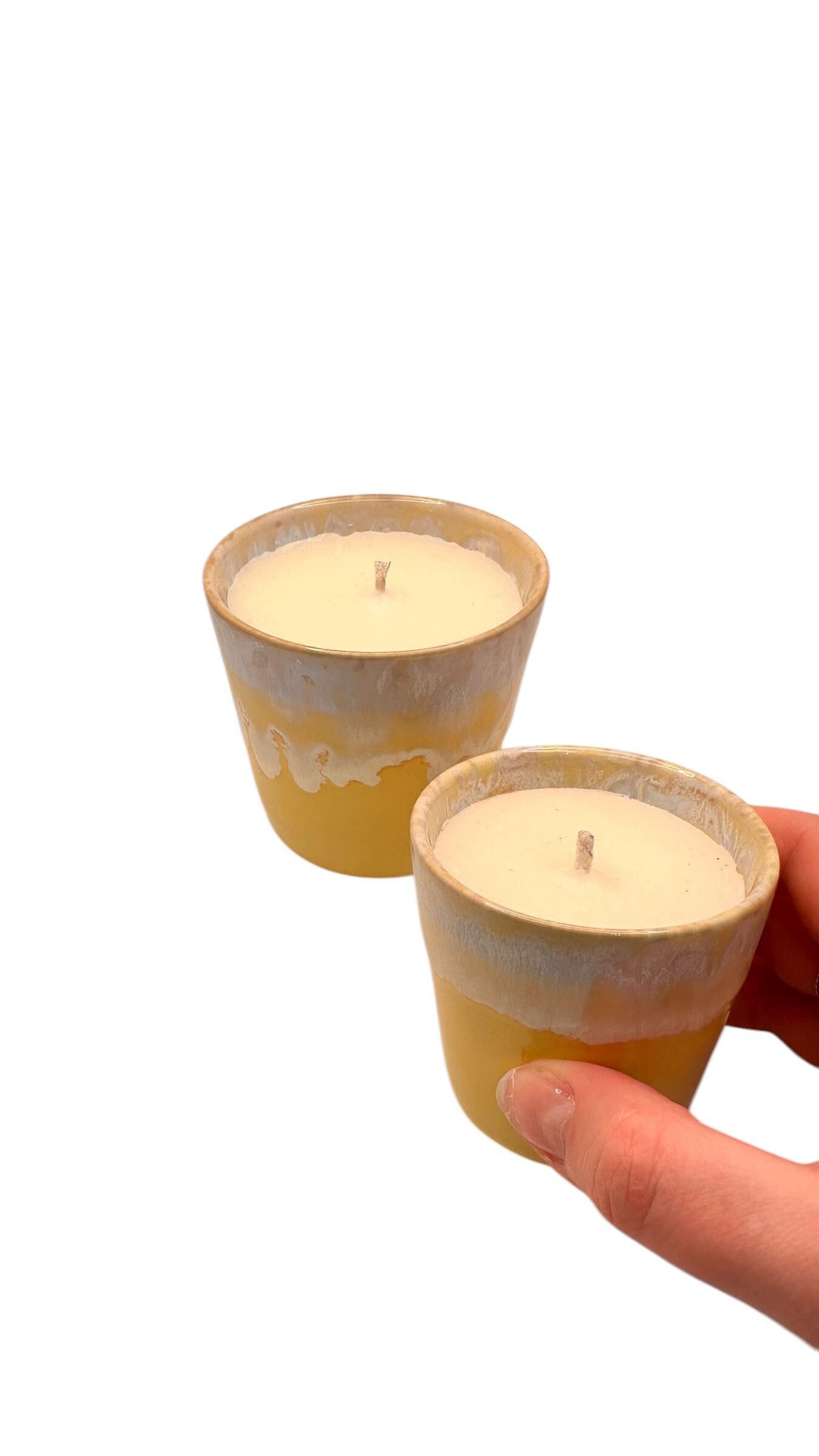 Mini Coffee Cup Candle for Energy, Essential Oil Candle, Uplifting Scent, Yellow Ceramic Candle, Mood Boost Candle