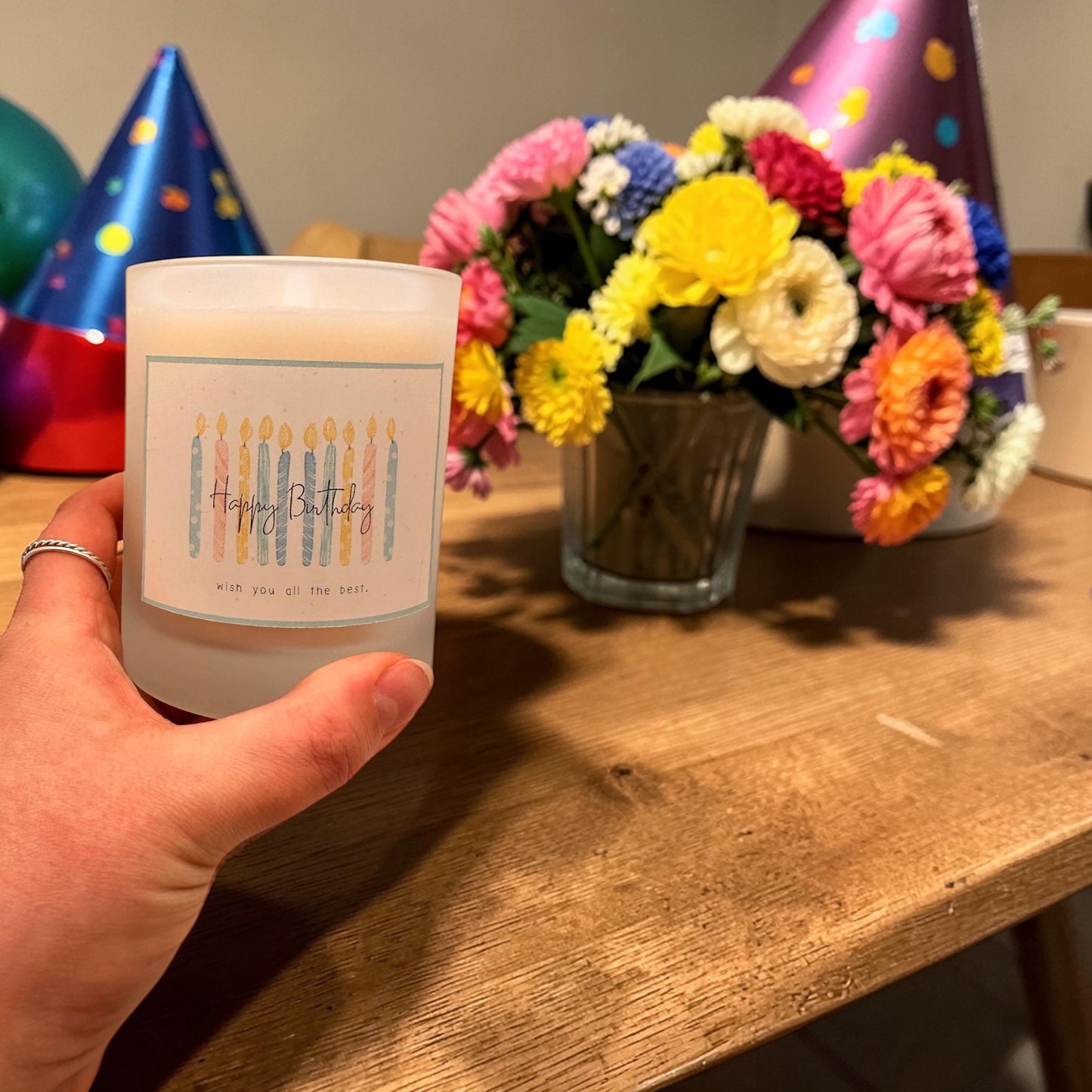 Happy Birthday Candle, Colourful Birthday Candle Gift, Frosted Glass Candle, Small Gift Idea, Gift for Friend