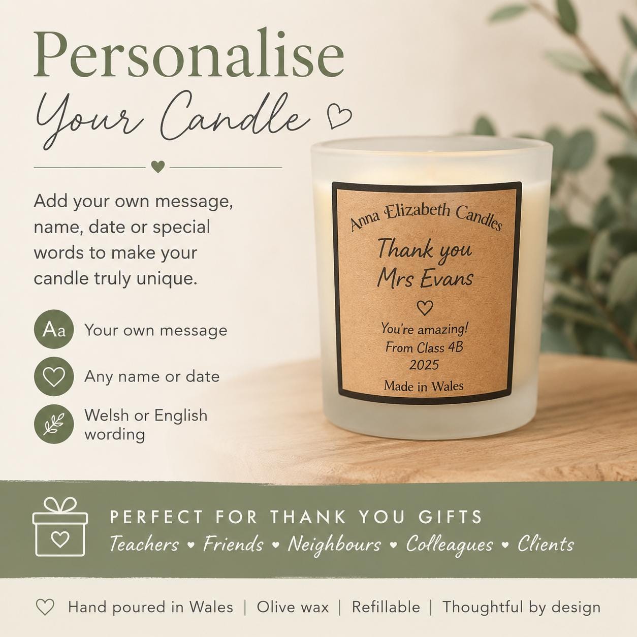 Thank You Candle, Personalised Large Candle, Diolch Gift, Welsh Gift, Thank You Gift, Scented Candle