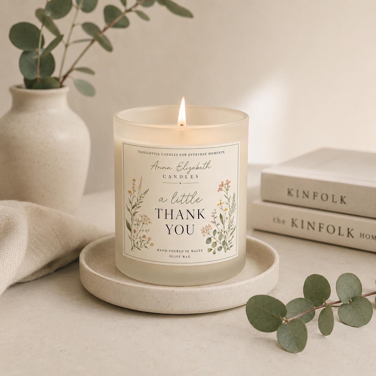 Thank You Candle, Thank You Gift, Appreciation Gift, Handmade Candle, Gift for Her, Olive Wax Candle, Hand Poured in Wales