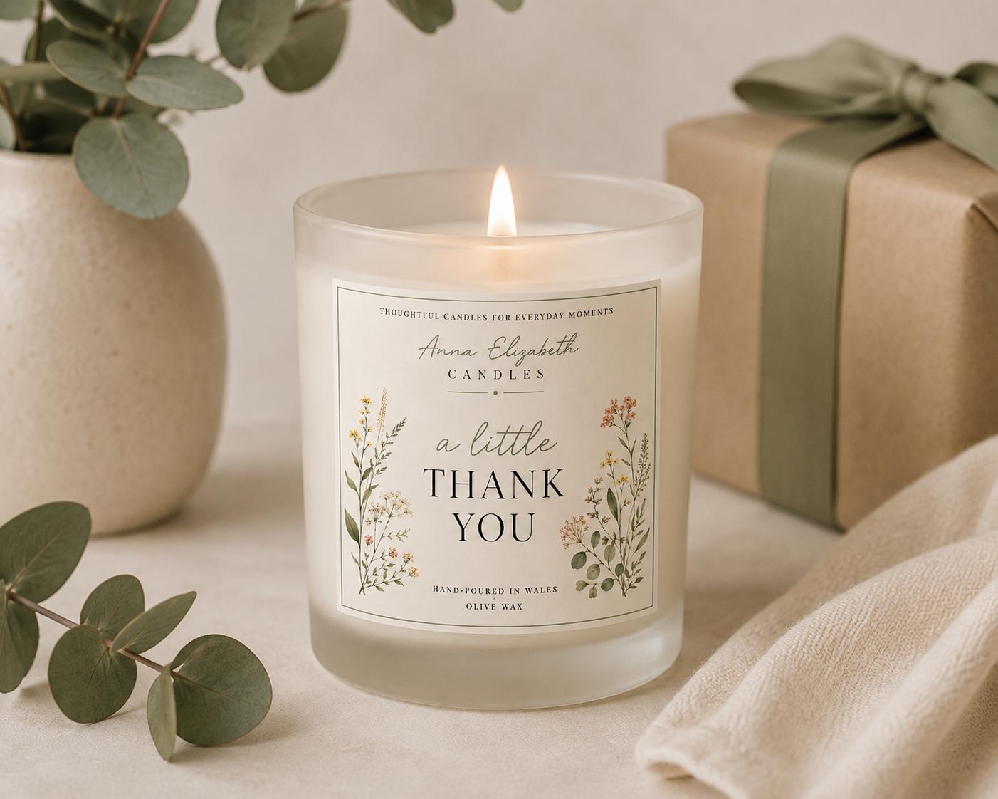 Thank You Candle, Thank You Gift, Appreciation Gift, Handmade Candle, Gift for Her, Olive Wax Candle, Hand Poured in Wales