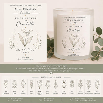 Personalised Birth Flower Candle, Birthday Gift for Her, Custom Name Candle, Birth Month Flower Gift, Best Friend Gift, Mum Sister Birthday