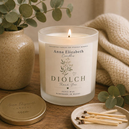 Diolch Candle, Welsh Thank You Gift, Welsh Candle, Thank You Gift for Her, Handmade in Wales, Welsh Candle to say Thank You