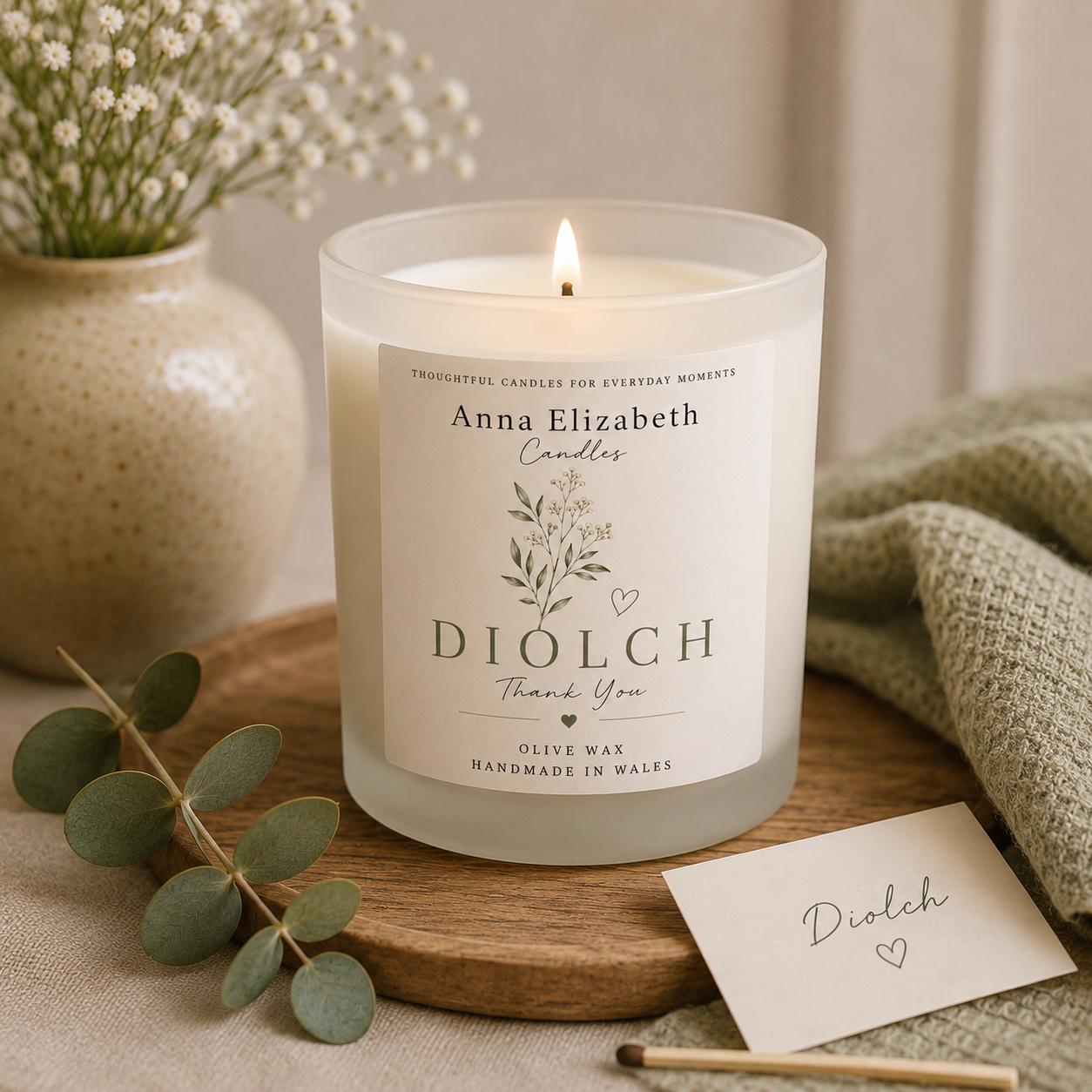 Diolch Candle, Welsh Thank You Gift, Welsh Candle, Thank You Gift for Her, Handmade in Wales, Welsh Candle to say Thank You
