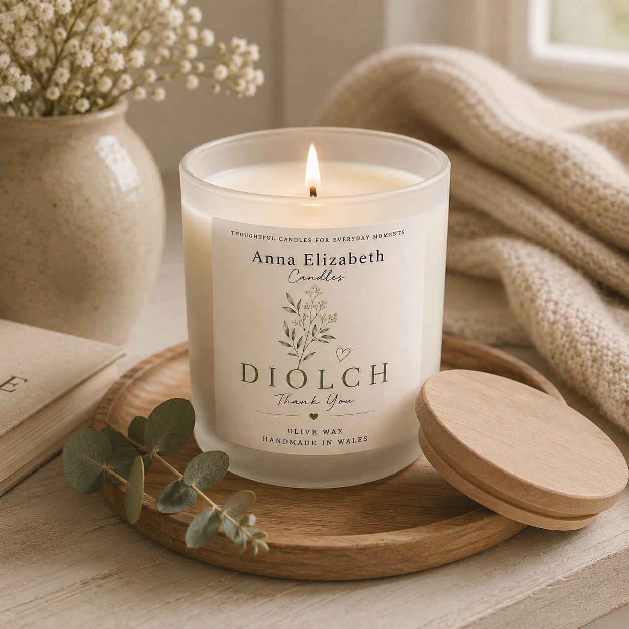 Diolch Candle, Welsh Thank You Gift, Welsh Candle, Thank You Gift for Her, Handmade in Wales, Welsh Candle to say Thank You