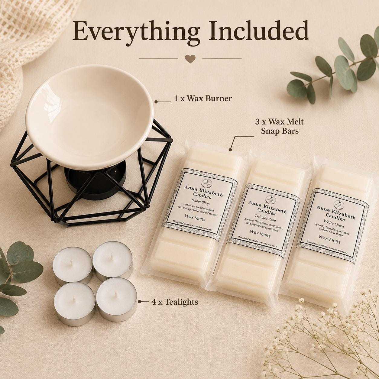 Wax Melt Starter Kit, Wax Burner & 3 Snap Bars, Home Fragrance Gift Set, Pick Your Favourite Scent