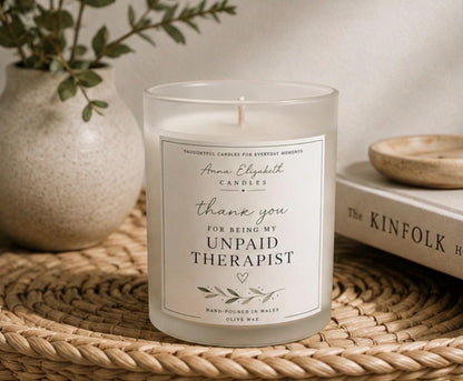 Funny Thank You Candle, Unpaid Therapist Gift, Best Friend Gift, Friendship Candle, Thank You Gift for Her, Funny Candle, Handmade in Wales