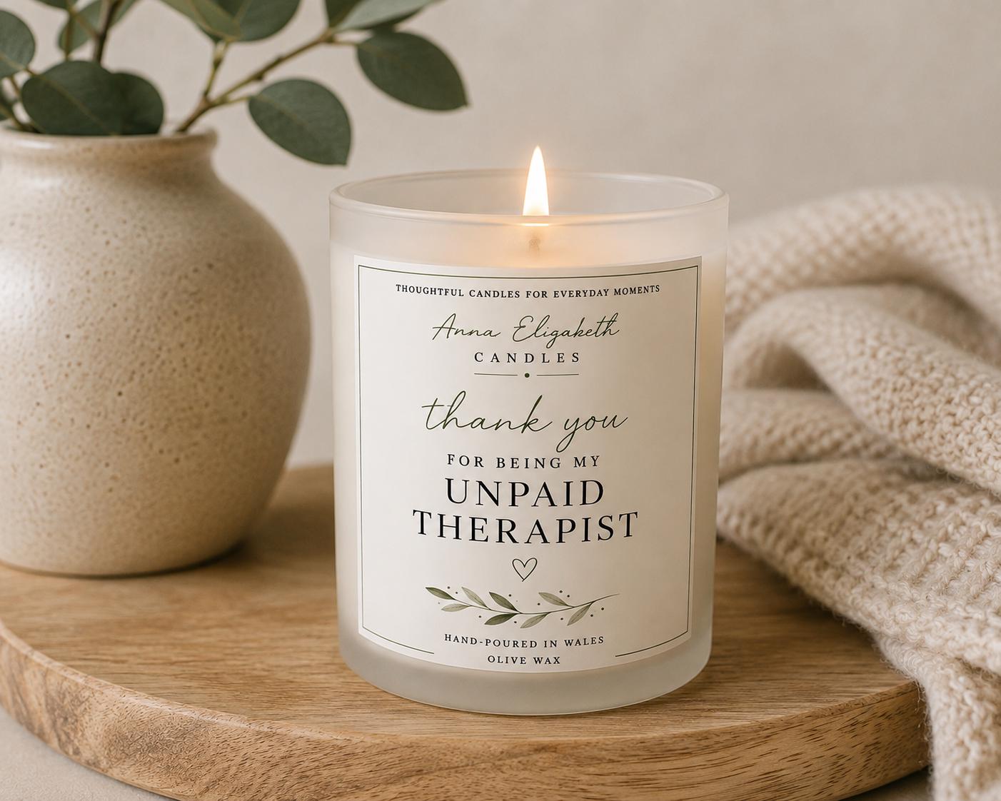 Funny Thank You Candle, Unpaid Therapist Gift, Best Friend Gift, Friendship Candle, Thank You Gift for Her, Funny Candle, Handmade in Wales