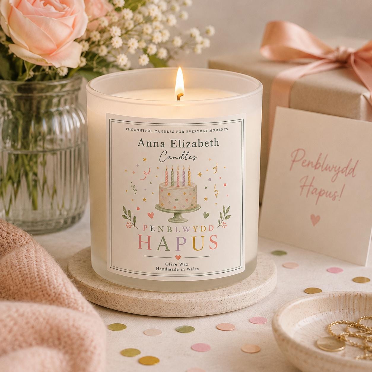 Welsh Happy Birthday Candle, Penblwydd Hapus Gift, Birthday Candle, Welsh Gift for Her, Handmade in Wales, Welsh Personalised Candles
