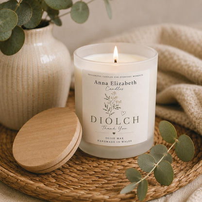 Diolch Candle, Welsh Thank You Gift, Welsh Candle, Thank You Gift for Her, Handmade in Wales, Welsh Candle to say Thank You